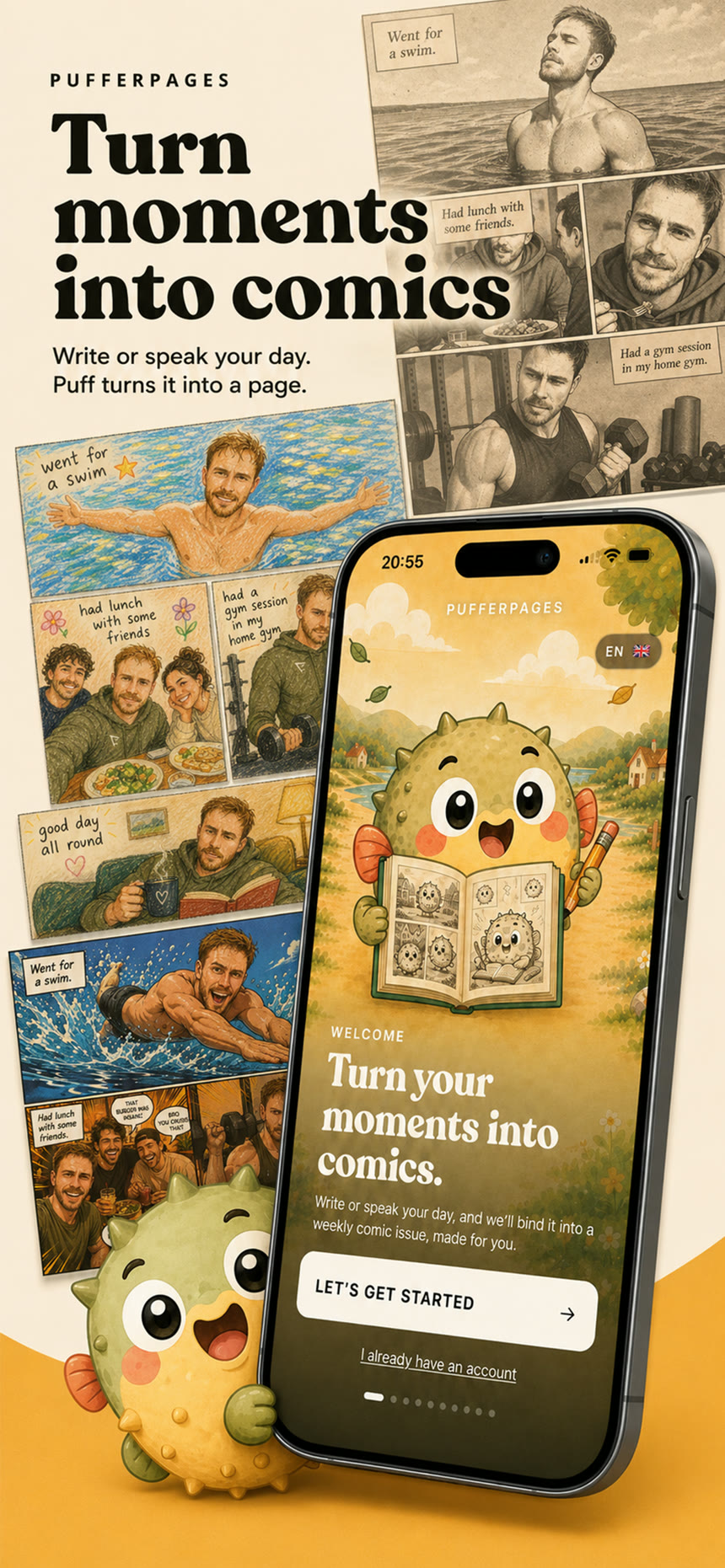 Turn your moments into comics — PufferPages welcome screen